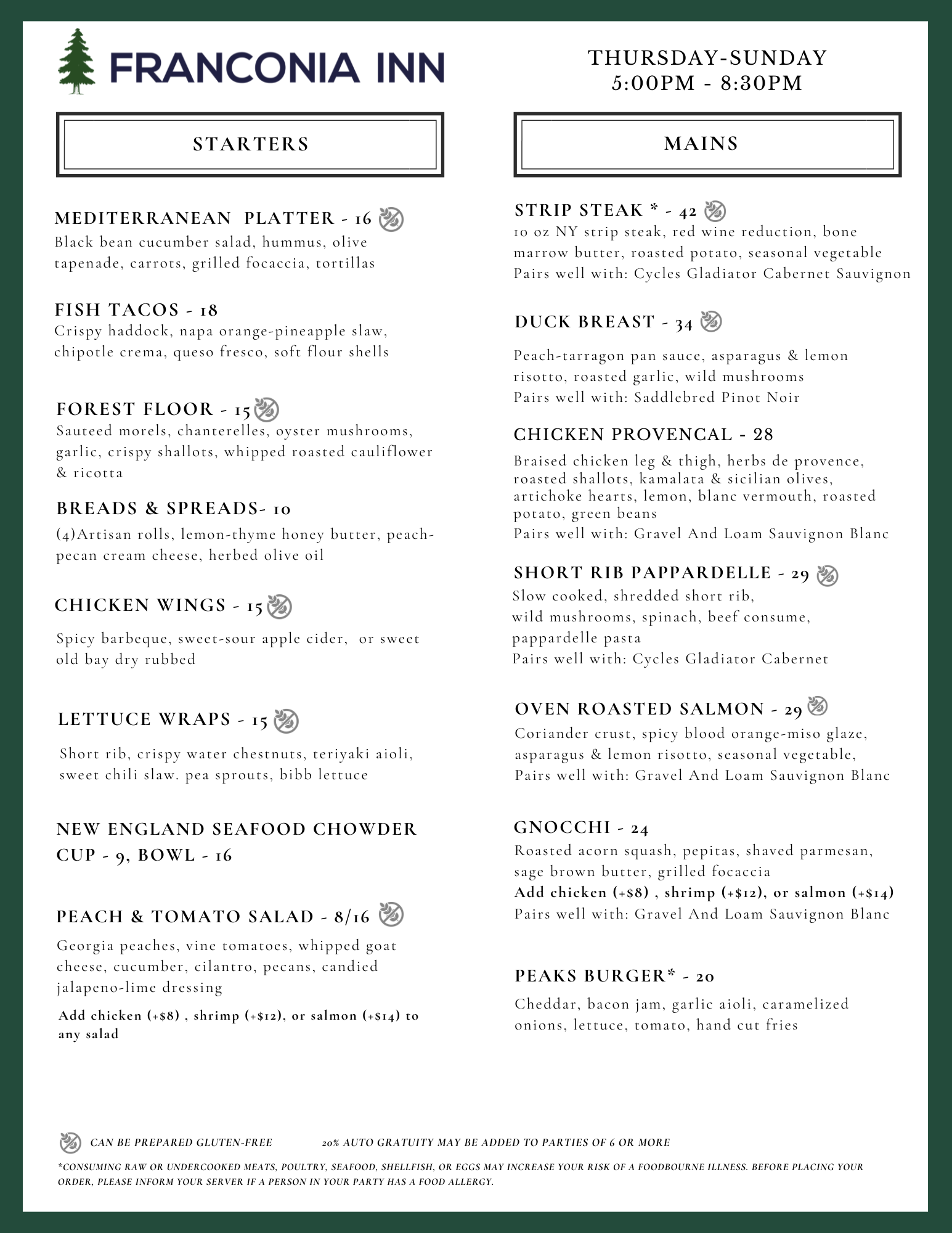 Franconia Inn Dinner Menu