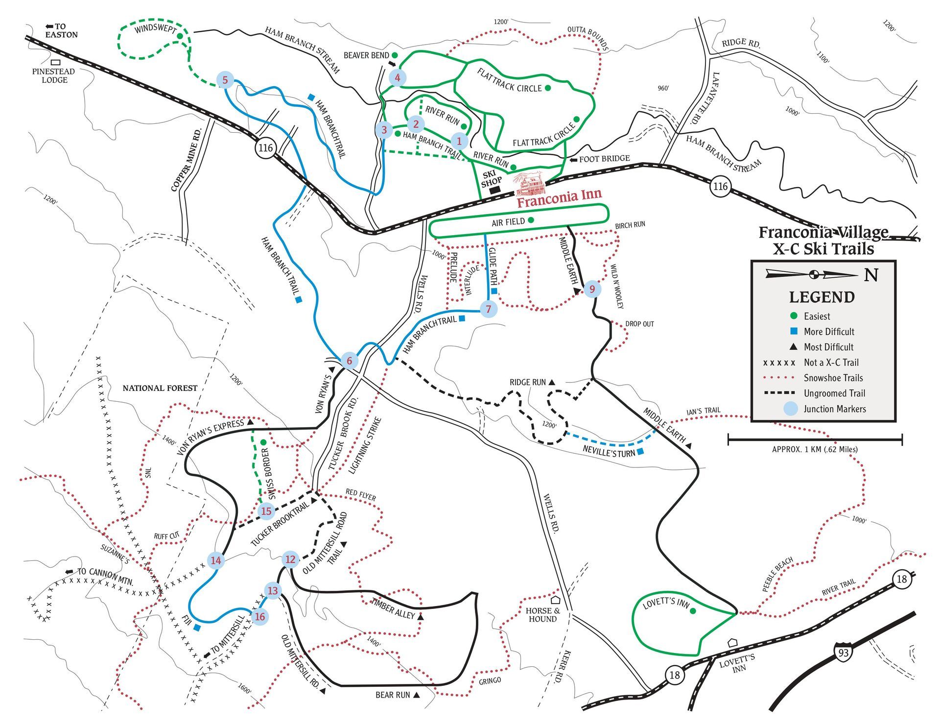 Map of trails, roads, and points of interest in an outdoor area.