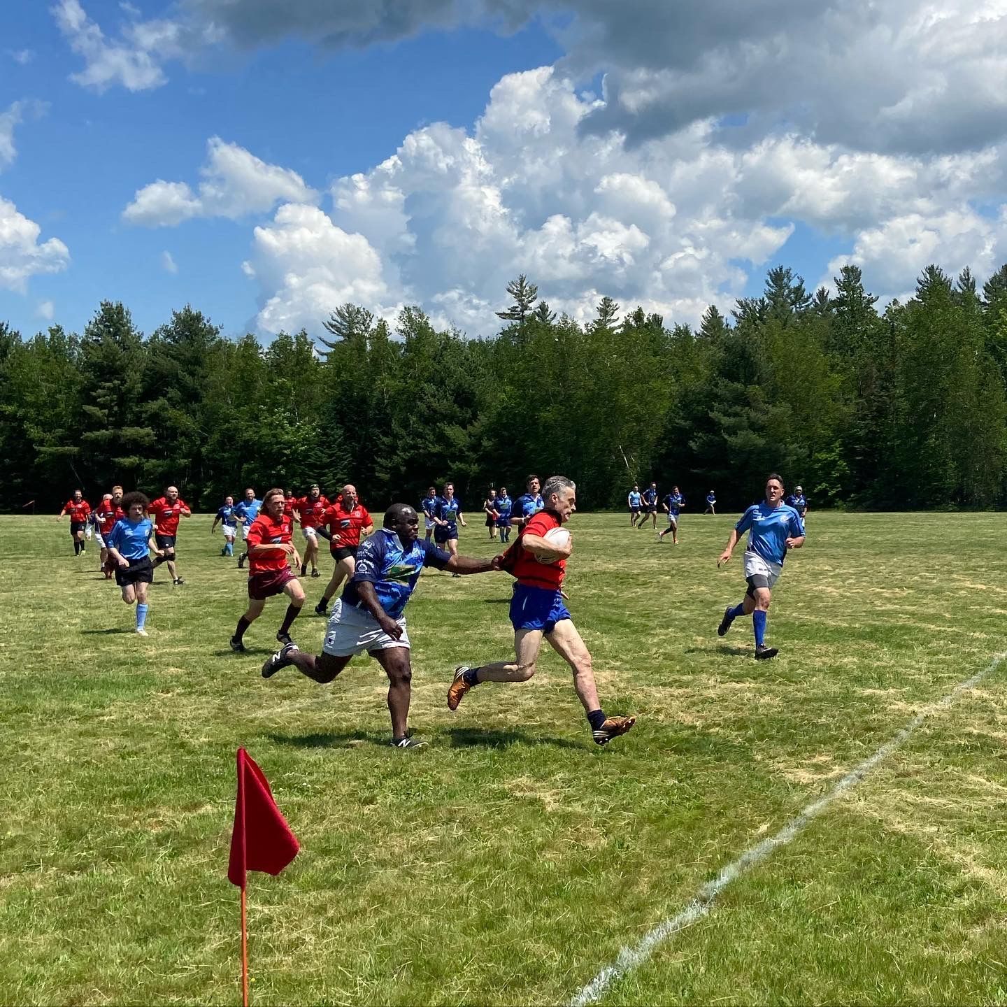 Rugby players in red and blue uniforms running on a green field under a blue sky.