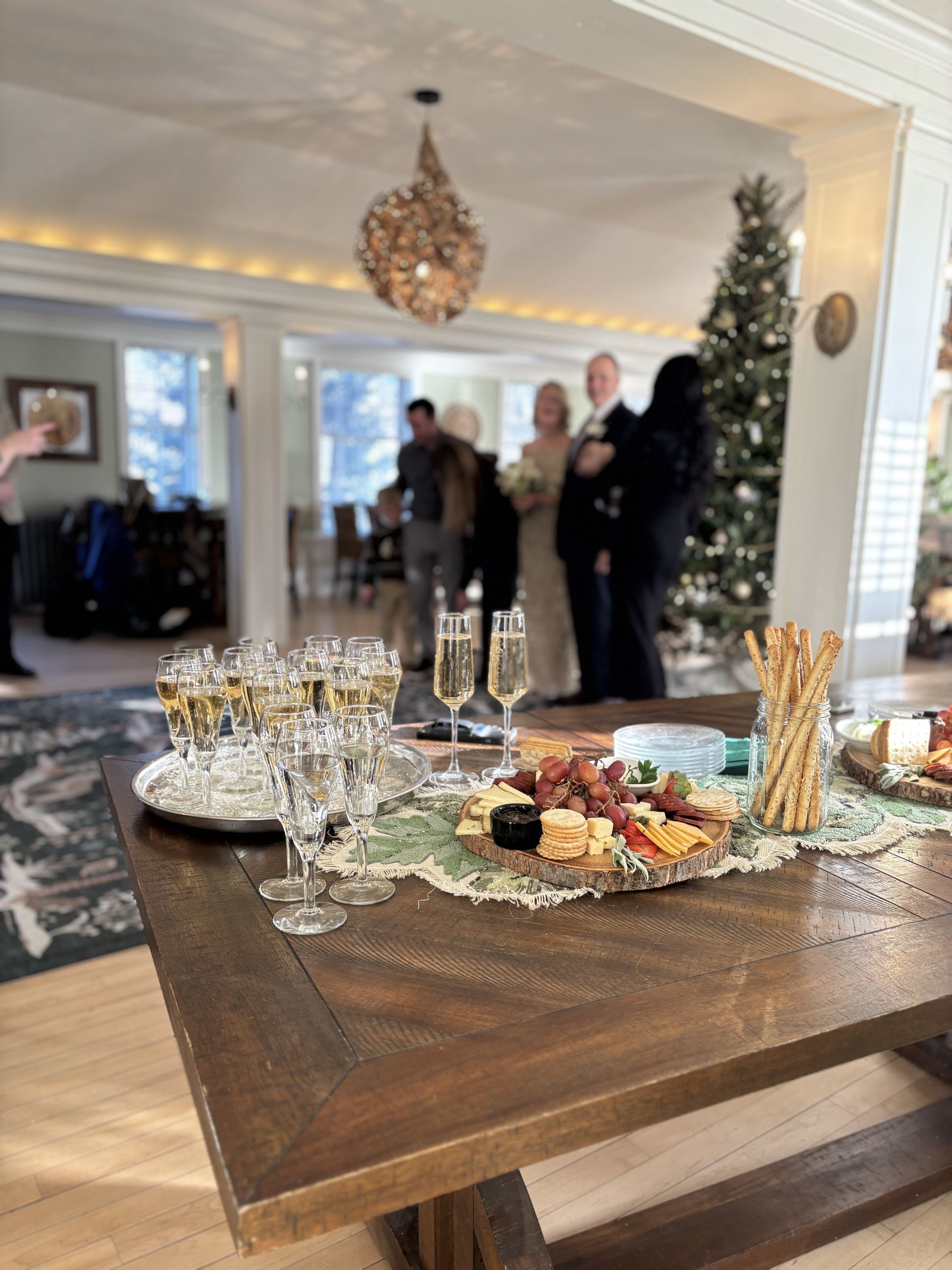 A party with champagne, charcuterie, and a wedding couple near a Christmas tree.
