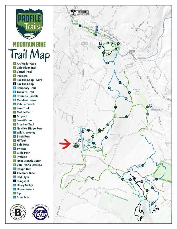 Mountain bike trail map with trails in green and blue, an arrow points to a specific location.