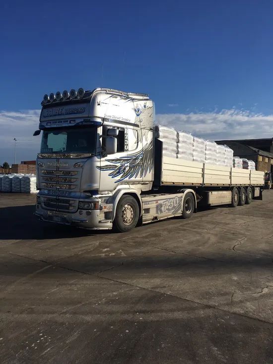 Un camion bianco che trasporta un carico impilato in un piazzale industriale sotto un cielo azzurro.