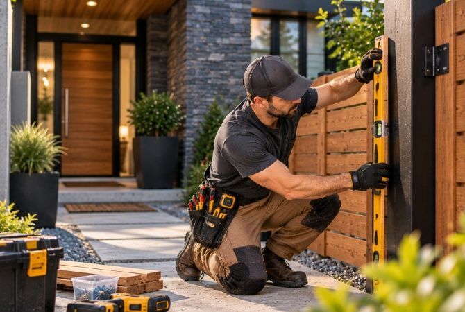 Worker installing a wooden fence panel beside a modern home, with tools on the ground.