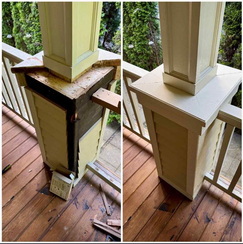 Before and after photos of a wooden porch column being repaired and finished with new trim and a fresh coat of paint.