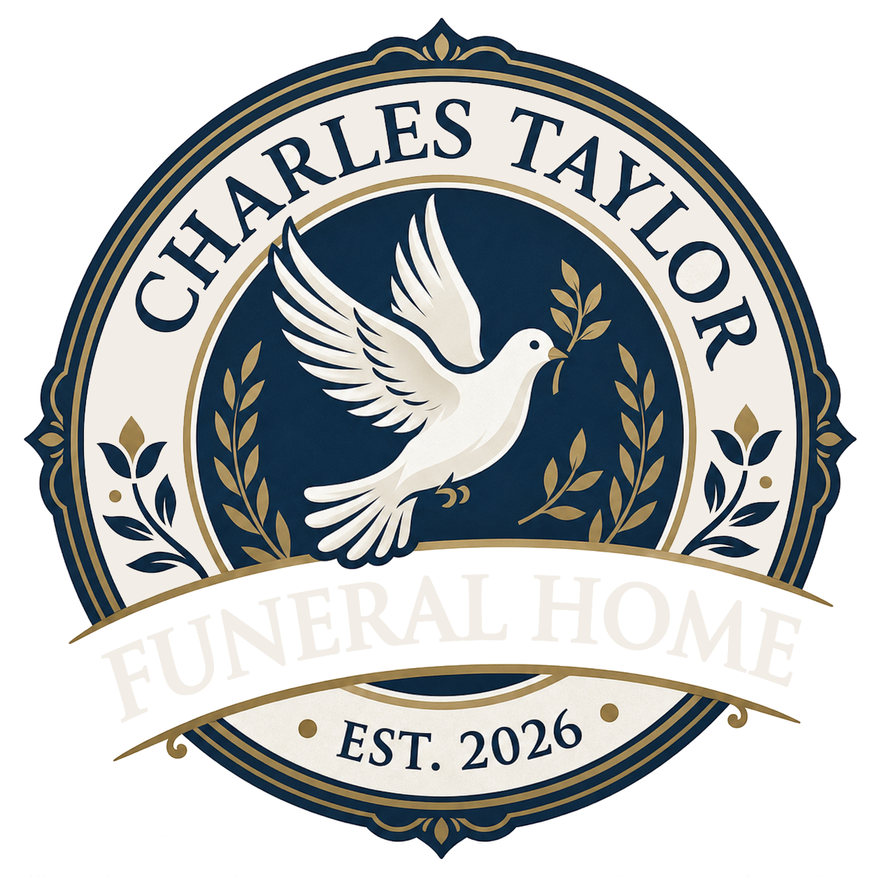 Charles Taylor Funeral Home logo with white dove, navy and gold circular seal, EST. 2026