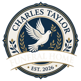 Charles Taylor Funeral Home logo with white dove, navy and gold circular seal, EST. 2026