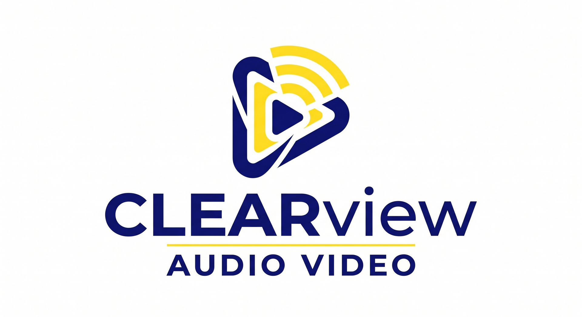 Clearview Audio Video logo with blue and yellow triangular icon and text on white background