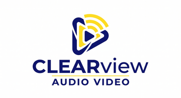 Clearview Audio Video logo with blue and yellow triangular icon and text on white background