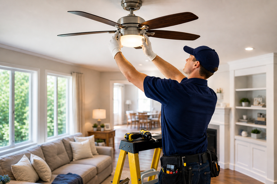 Technician replacing a ceiling fan light in a bright living room on a step ladder