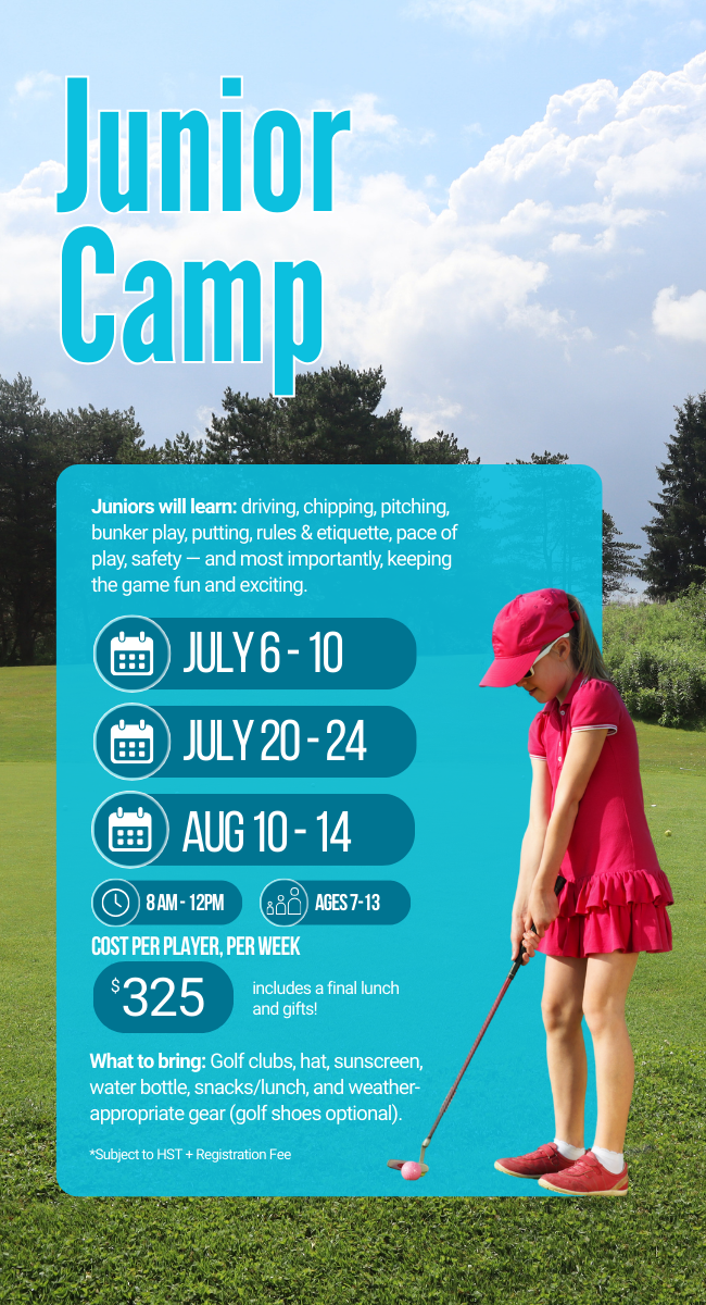 Junior Camp poster with dates, price, and a child in pink shirt on a blue sky background