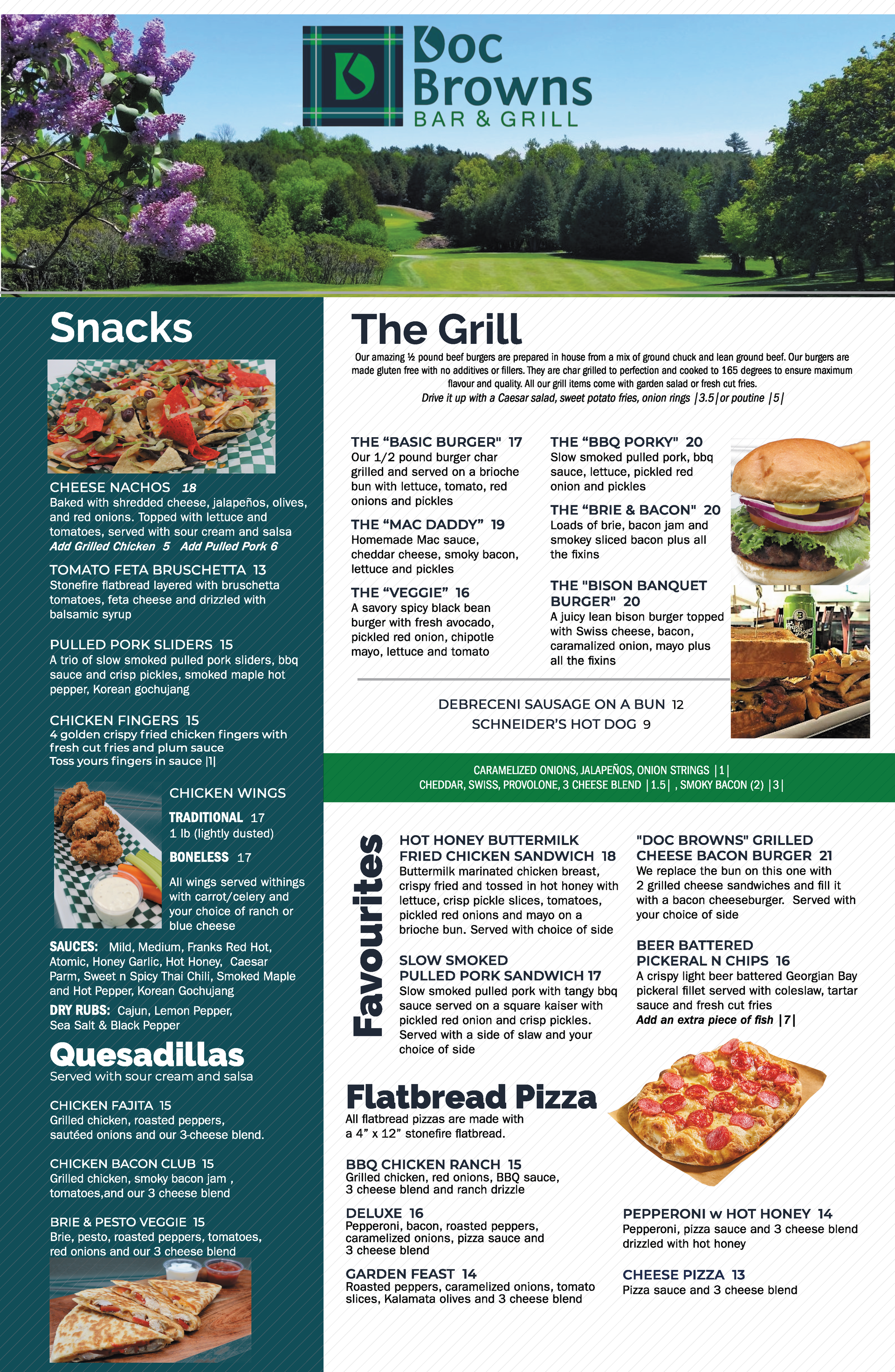 Doc Brown's restaurant menu with snacks, grill, quesadilla, and flatbread pizza sections on a teal layout