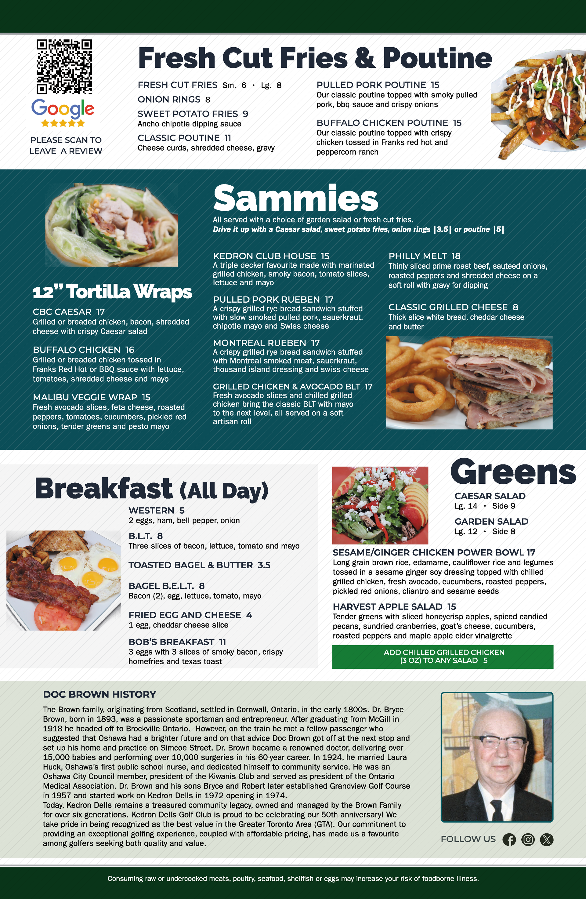 Restaurant menu with sections for fresh cut fries, sammies, breakfast, and salads on teal and white background