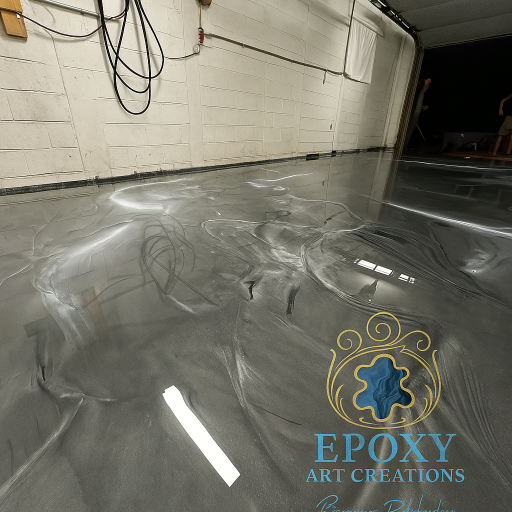 Epoxy floor with swirled metallic finish, in a garage. Gray and silver tones. Epoxy Art Creations logo.