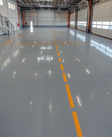 Large, empty warehouse interior with a gray epoxy floor marked with yellow lines.