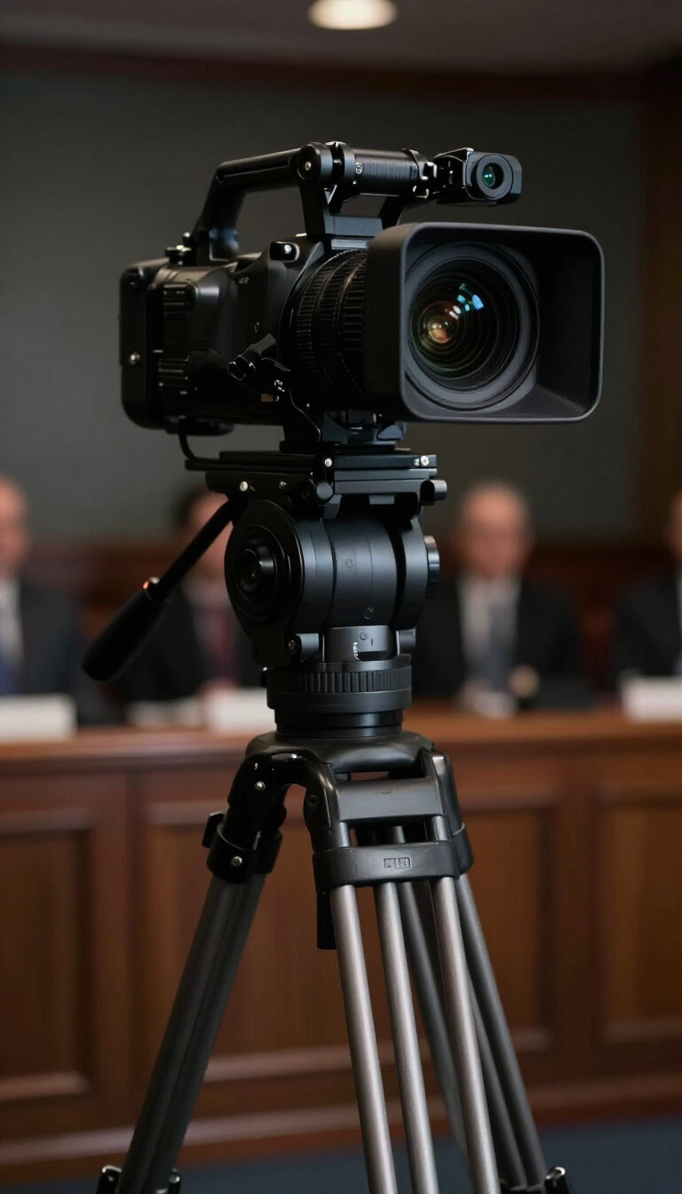 Professional news camera at press conference