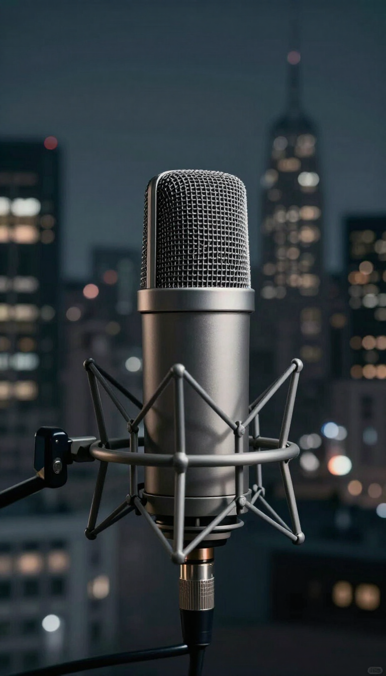 Microphone with city skyline at night