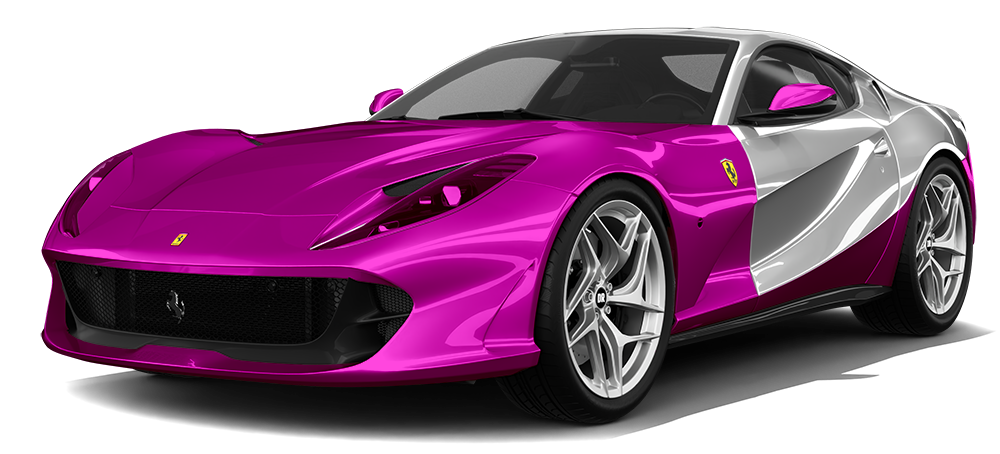 Pink and white Ferrari sports car on a white background.