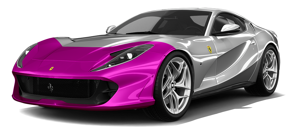 White and pink Ferrari sports car parked on a white background.