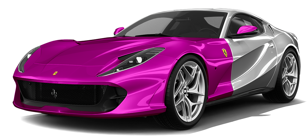 Pink and white Ferrari sports car.