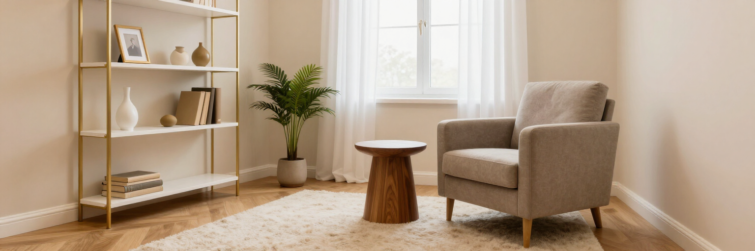 Luminoso salón con sillón beige, mesa auxiliar de madera, estantería blanca y ventana soleada.