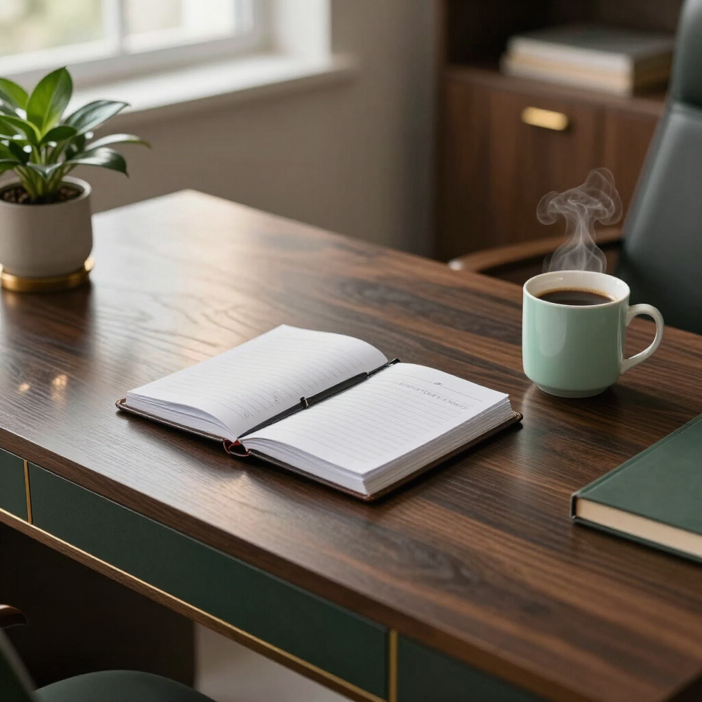 Escritorio acogedor con cuaderno abierto, taza de café humeante, planta y libro cerrado junto a la ventana.