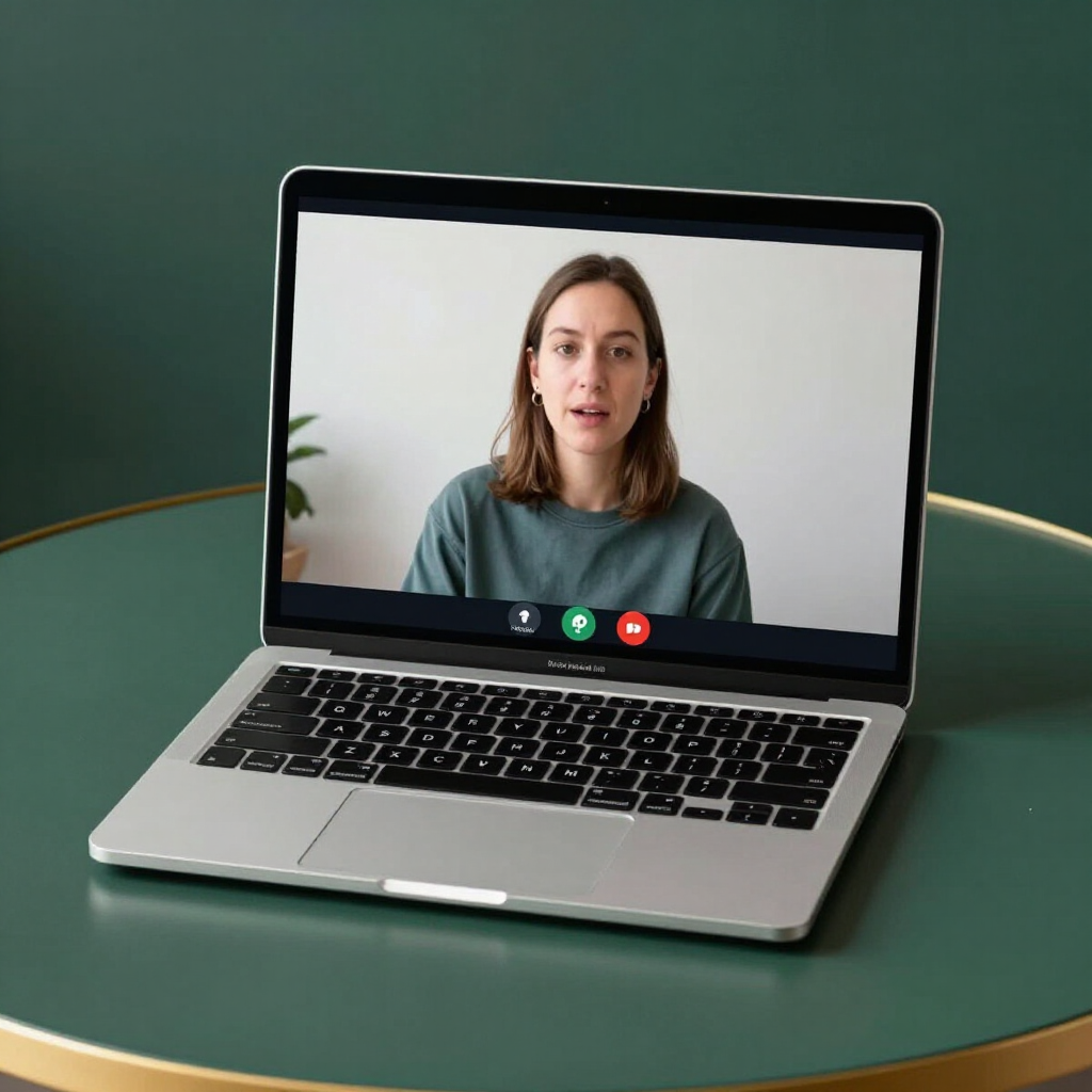Un ordenador portátil sobre una mesa verde muestra a una mujer en una interfaz de videollamada.