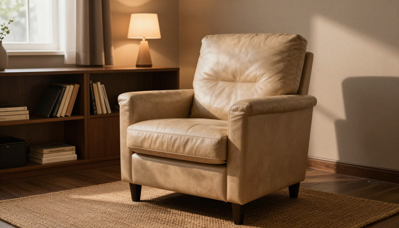 Sillón beige junto a una estantería de madera y una lámpara de mesa encendida en una acogedora sala de estar.