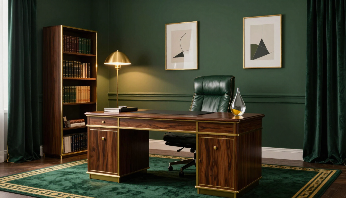 Elegante oficina de madera oscura con paredes verdes, lámpara de escritorio, silla de cuero, estantería y cuadros enmarcados.