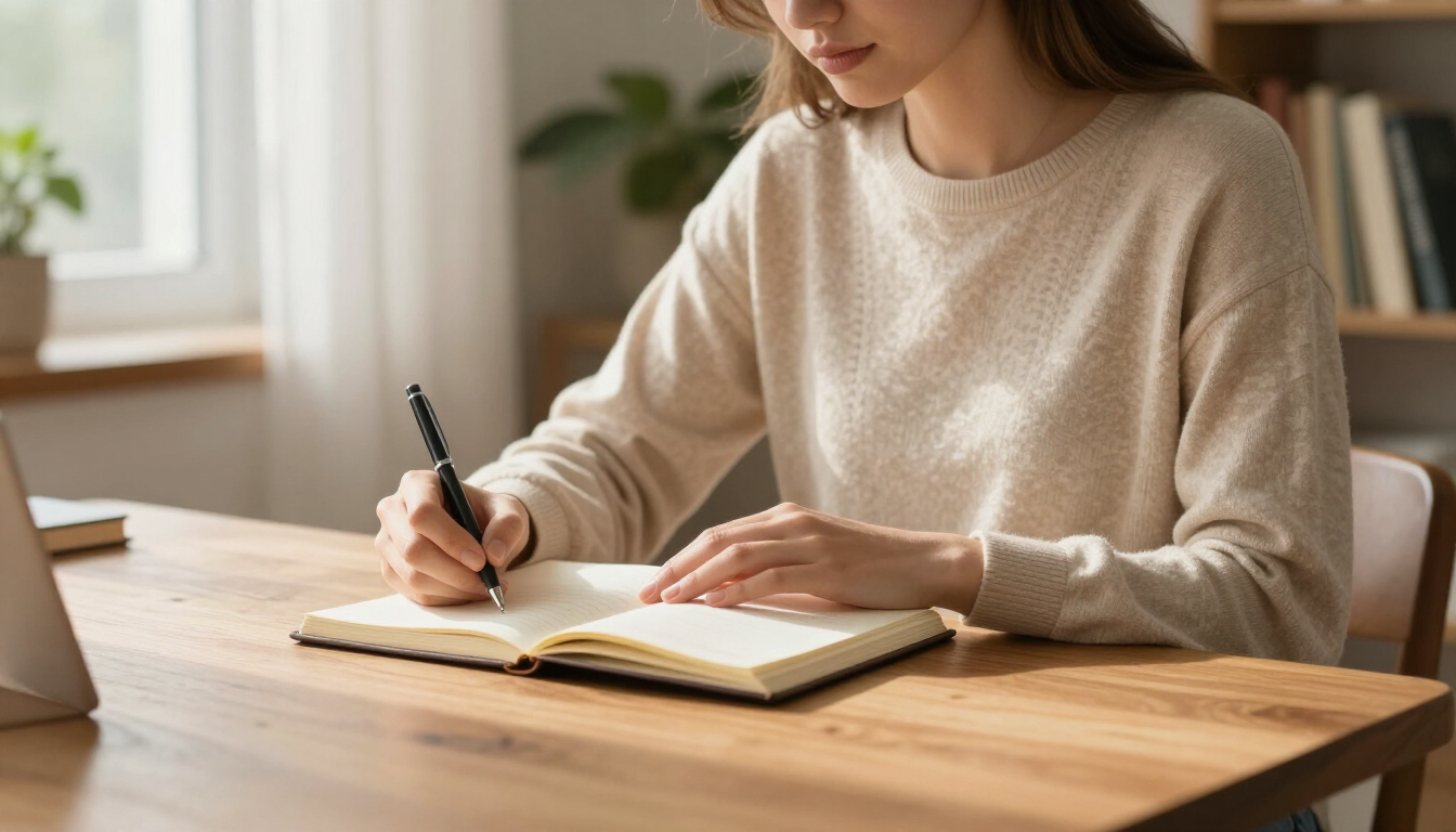 Una persona escribe en un cuaderno en un escritorio de madera junto a una computadora portátil, en un entorno doméstico luminoso.