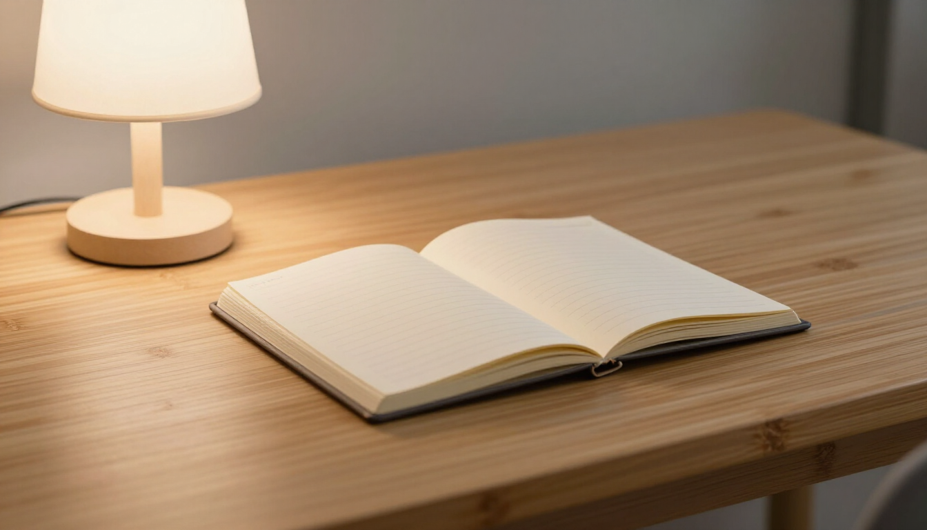 Un libro abierto sobre un escritorio de madera junto a una lámpara de mesa encendida.