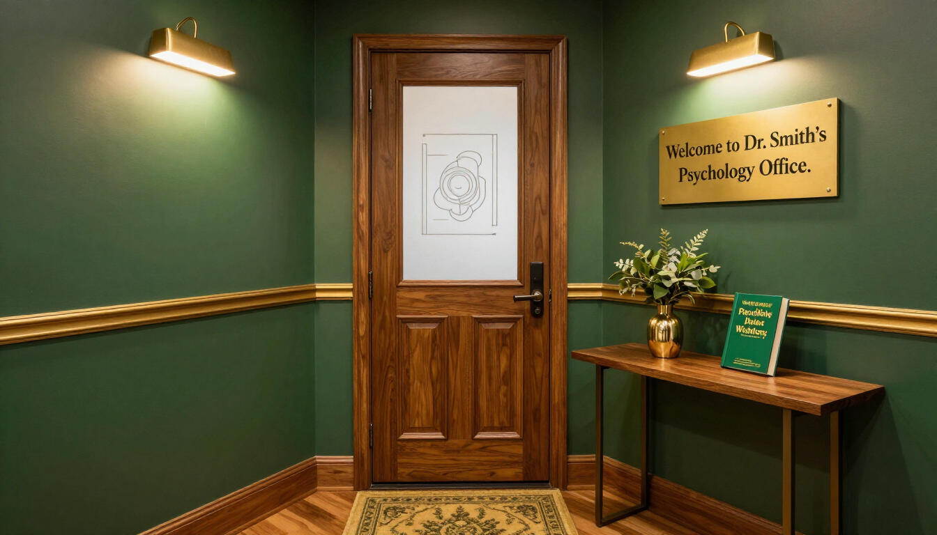 Pasillo verde con puerta de madera, letrero en la pared y mesa pequeña con folletos y libretos.