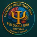 Logo de psicóloga UBA con cerebro colorido y símbolo psi dorado; texto con nombre, matrícula y WhatsApp.