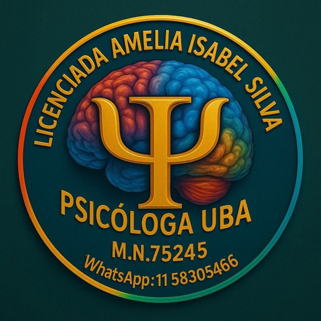 Logo de psicóloga UBA con cerebro colorido y símbolo psi dorado; texto con nombre, matrícula y WhatsApp.