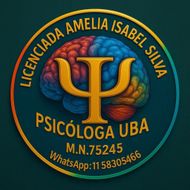 Logo de psicóloga UBA con cerebro colorido y símbolo psi dorado; texto con nombre, matrícula y WhatsApp.