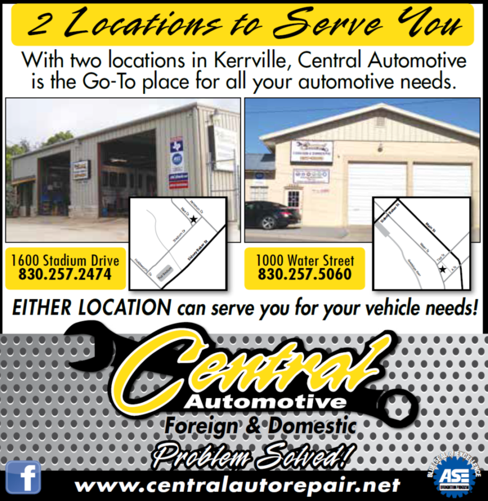 Central Automotive ad for two Kerrville auto repair locations with shop photos and phone numbers
