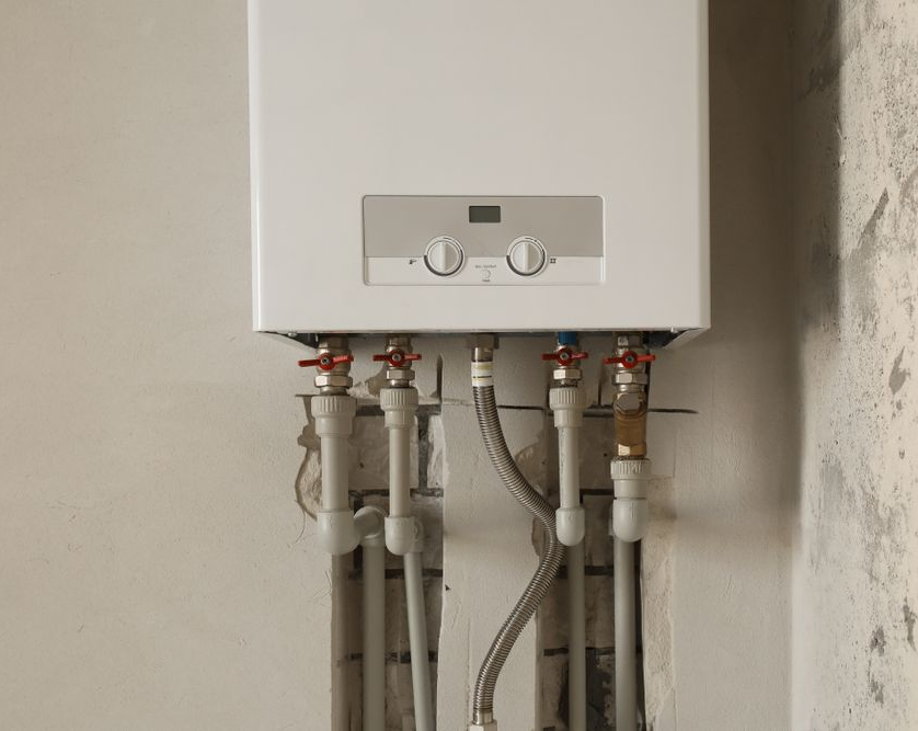 White Wall-mounted Gas Boiler With Pipes and Valves — Taps 'R' Us in Wurtulla, QLD