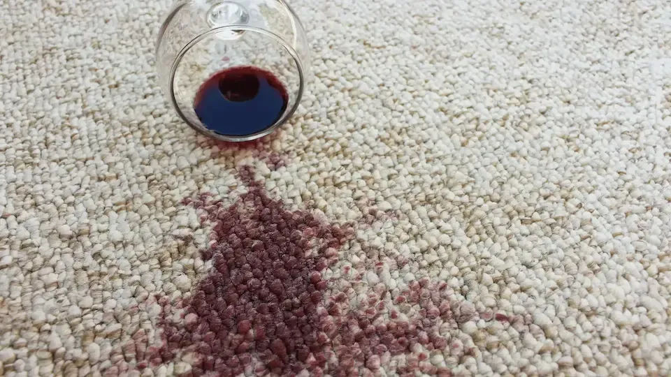 a glass of red wine spilled on a carpet
