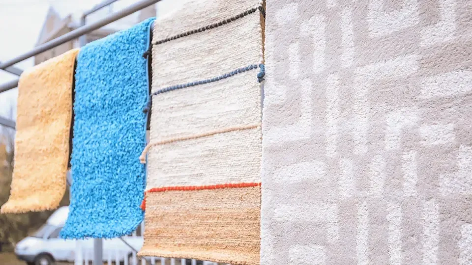a bunch of rugs are hanging on a rack outside .