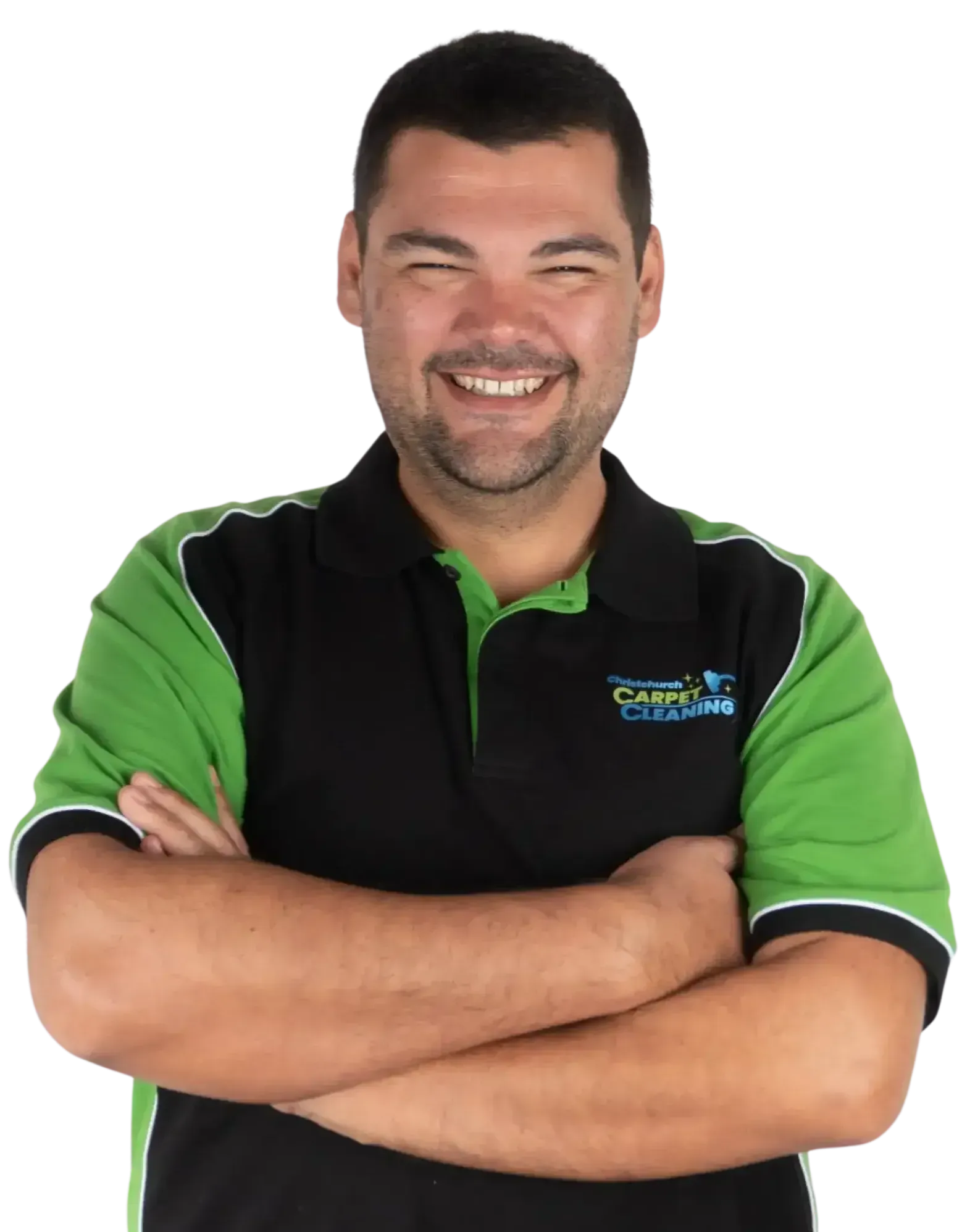 Dave wearing a green and black shirt with the word Christchurch Carpet Cleaning on it