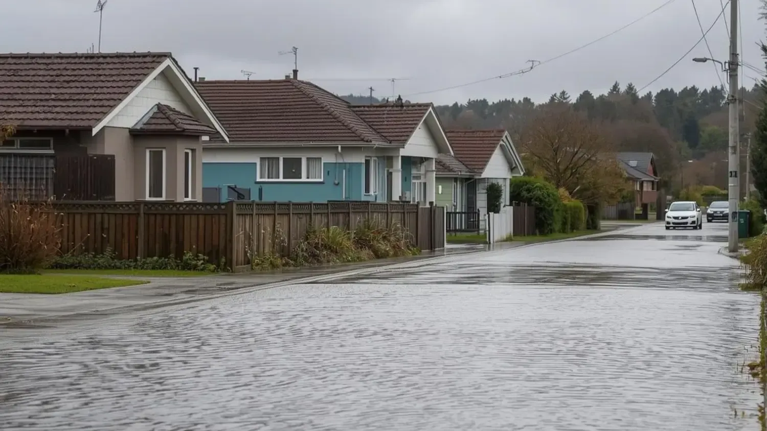 Flooded street in a residential area; several houses are visible, and a car drives through the water.
