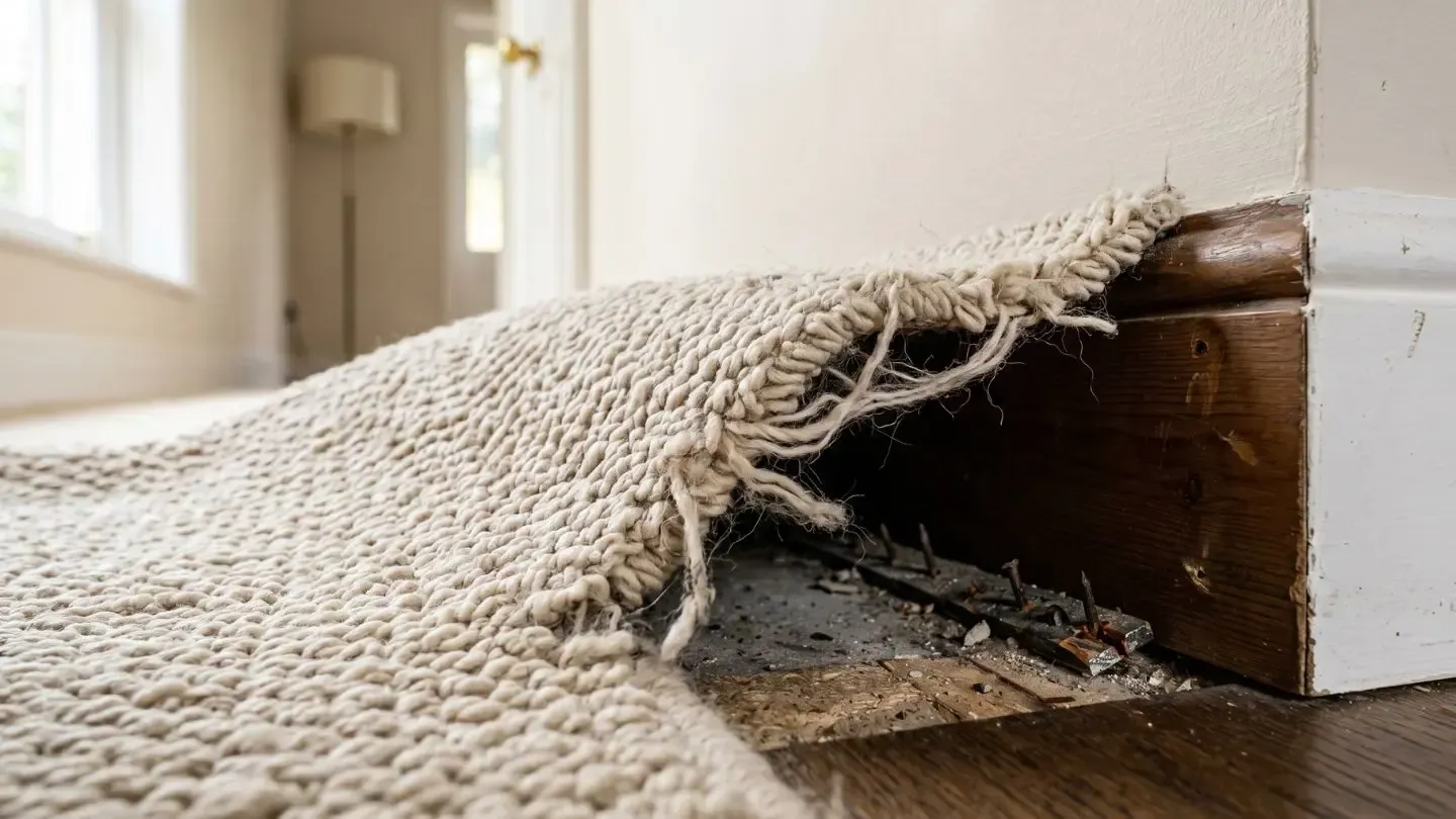 Frayed beige carpet peeled back on a hardwood floor, revealing damaged subfloor near a wall.