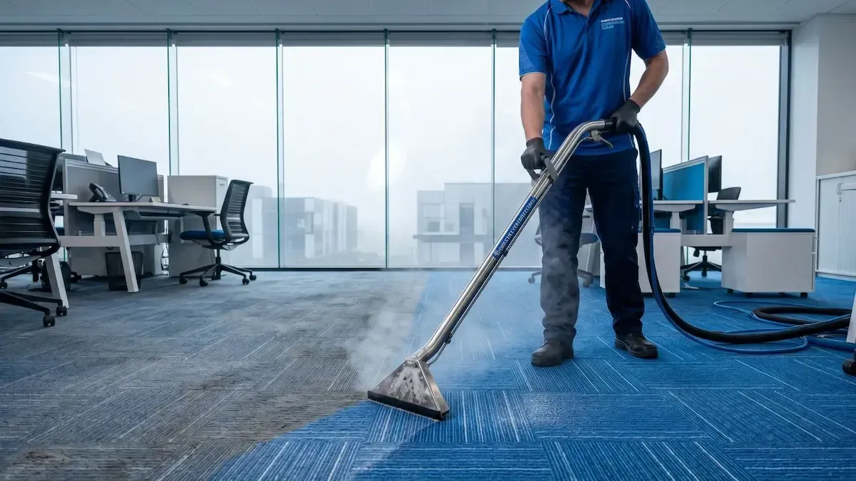 Worker cleaning blue office carpet with an industrial vacuum in a modern office.