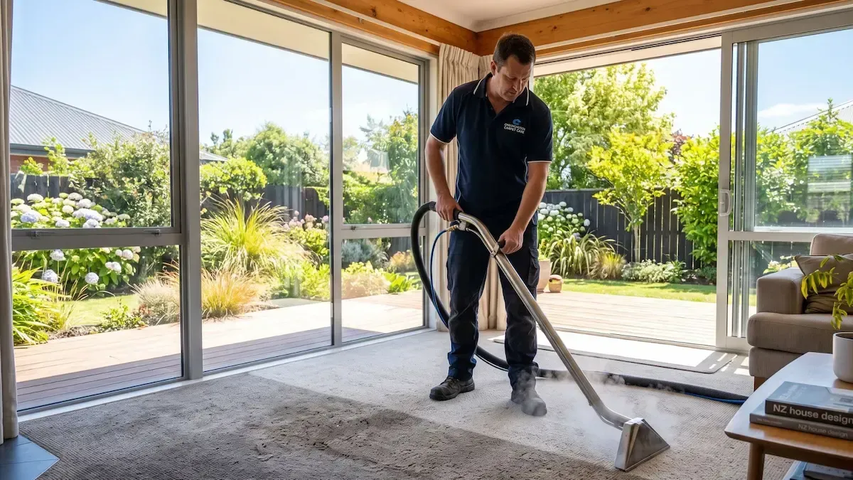 Worker vacuuming carpet in a bright living room with large windows and garden view