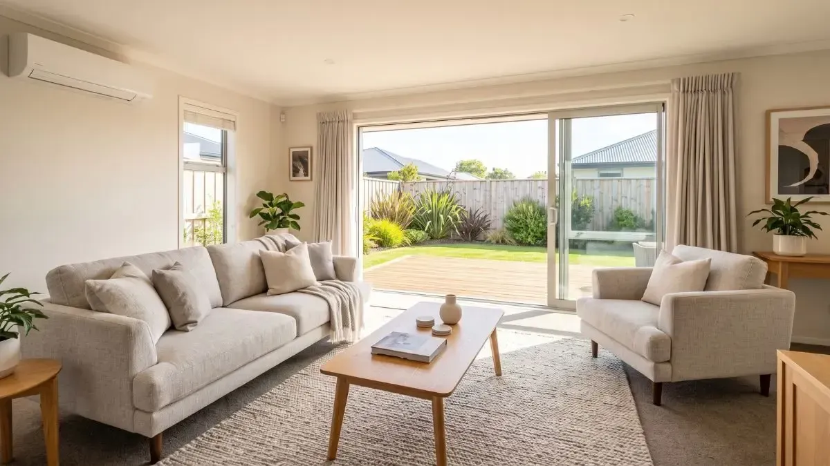 Bright living room with beige sofa and armchairs facing a coffee table, open to a sunny backyard.