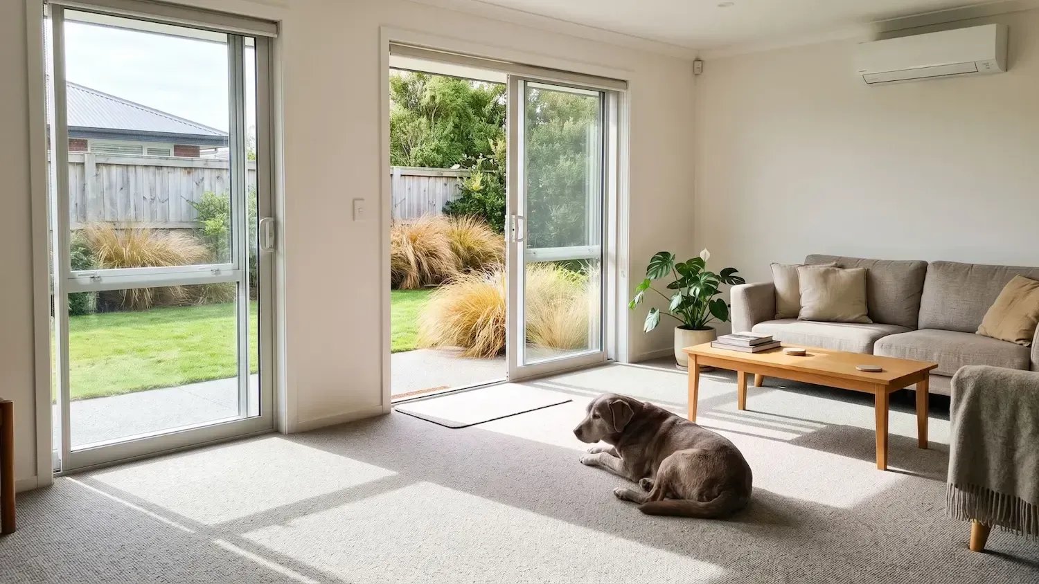 Bright living room with couch, coffee table, large windows, and a dog resting on the carpet.