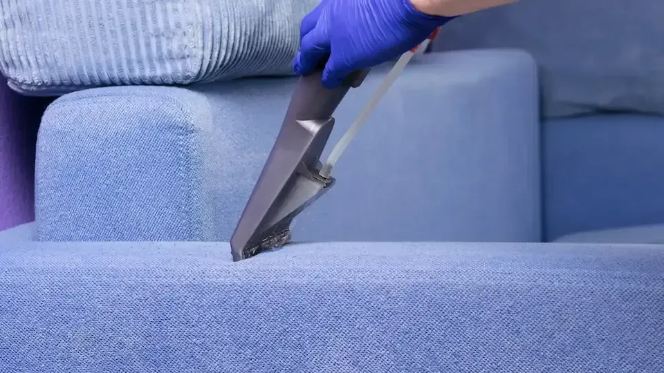 a person cleaning a blue couch with a vacuum cleaner