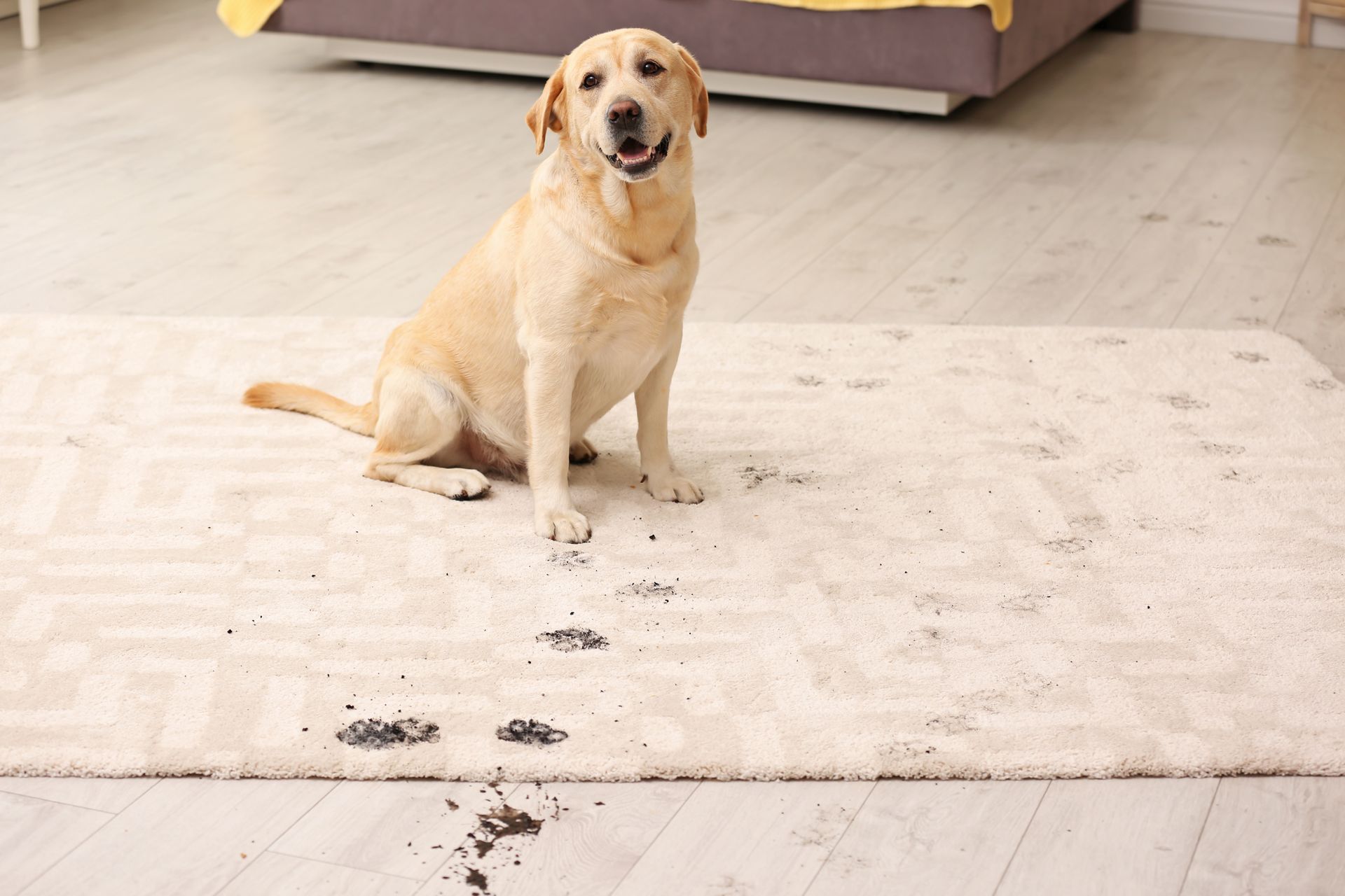 Dog with dirty footprints on a rug