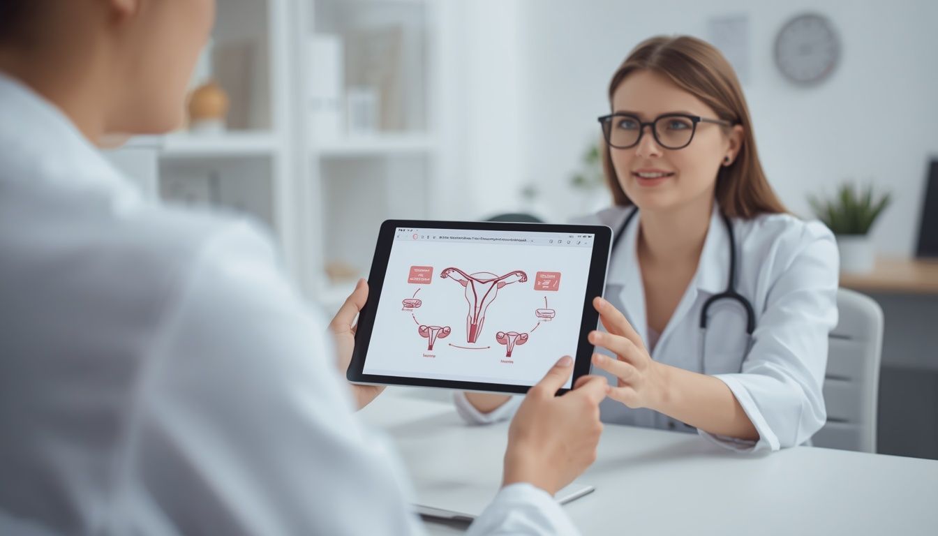 Female OB/GYN explaining heavy menstrual bleeding and abnormal uterine bleeding treatment