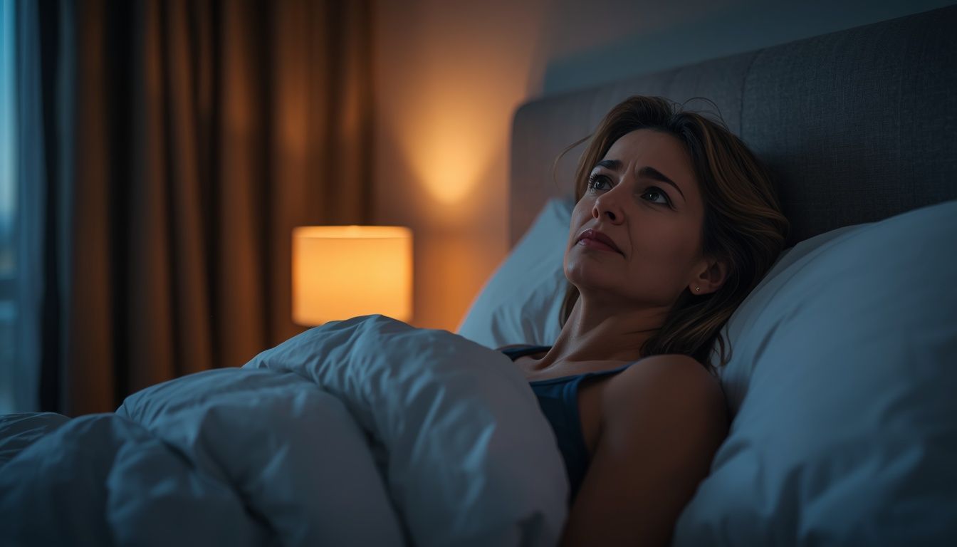 Woman awake at night due to frequent urination, a common women's bladder health concern