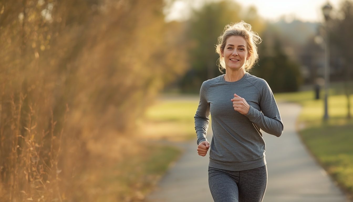 Adult woman jogging outdoors while learning about urinary leakage related to coughing, sneezing, and